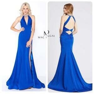 Mac Duggal 66465 Prom Long Formal Halter Dress Gown Blue Embellished Size 4 NWT